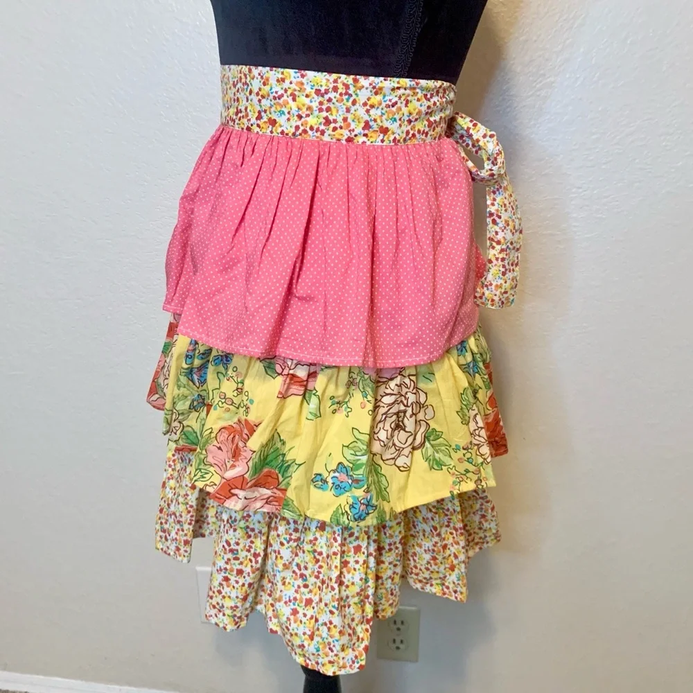 Pier 1 Imports Tiered Ruffle Apron Cottagecore Floral Yellow & Pink
